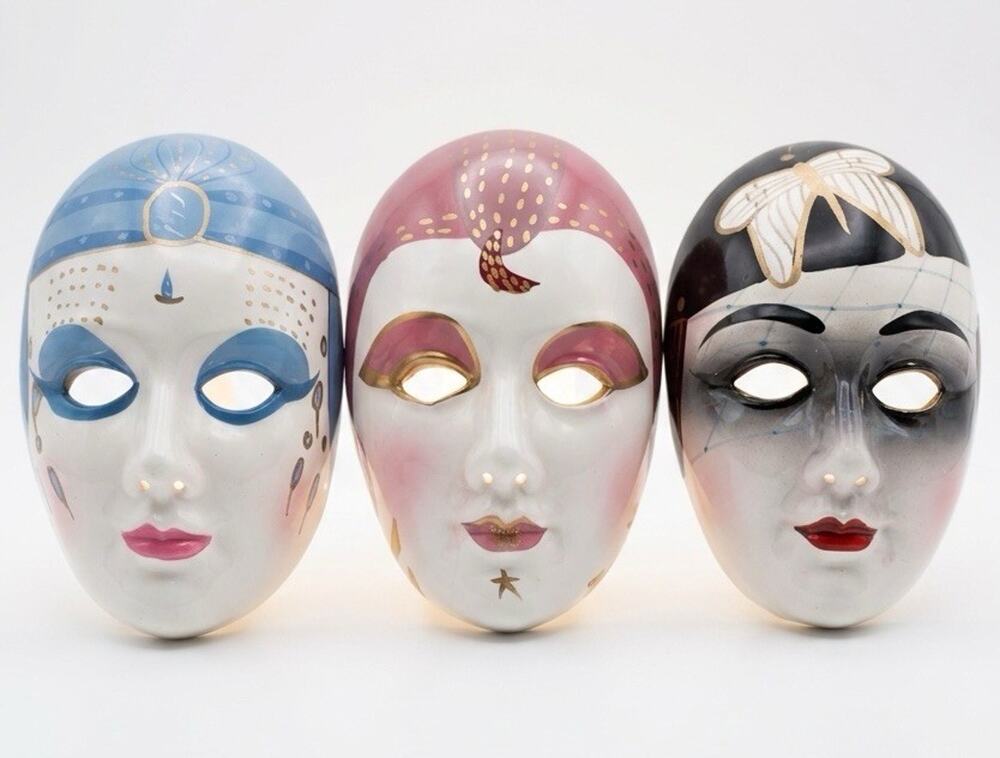 VtG 80s Ceramic Carnival Face Wall Mask Lot Of 3 Venetian Art Deco Style Decor